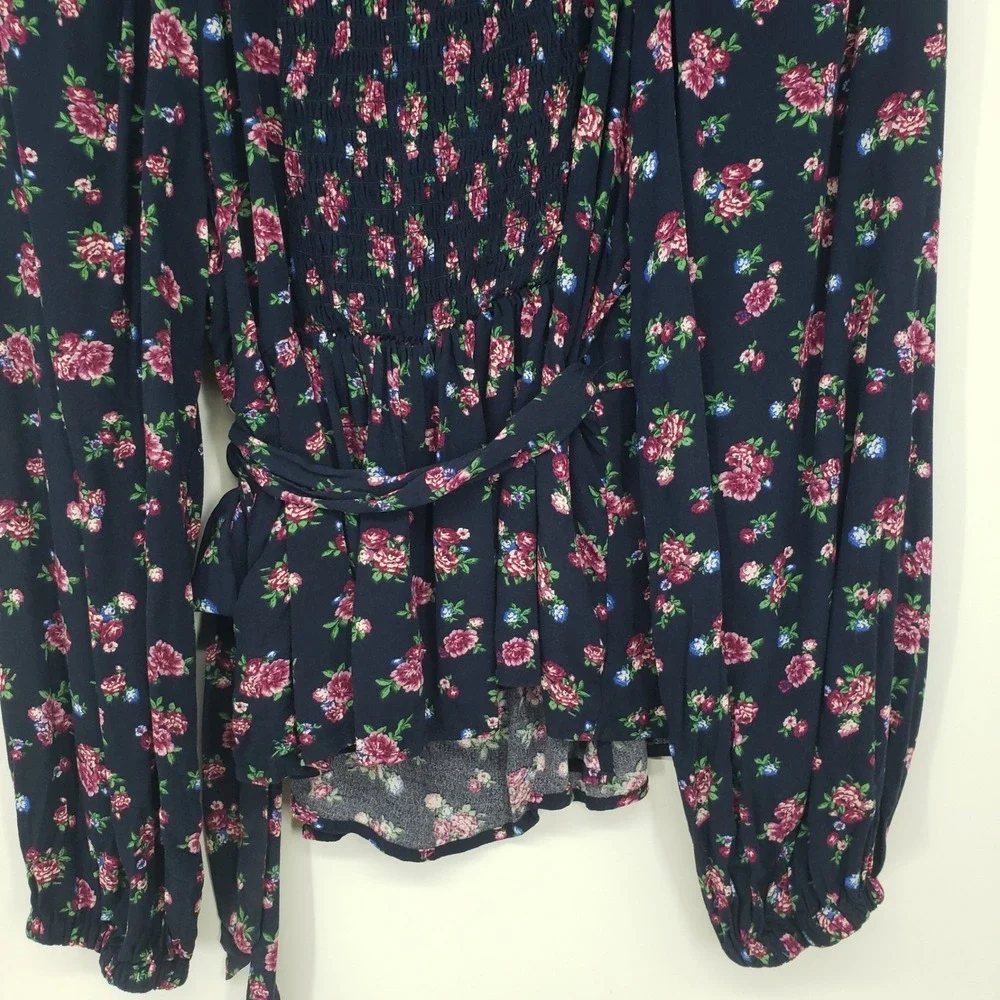 Old Navy Puff Sleeve Floral Smocked Wrap Blouse Top Women L Navy Long Sleeve
